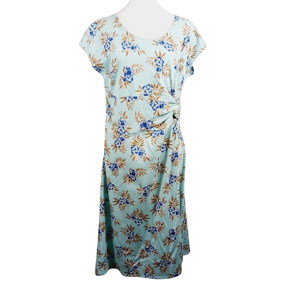 Lands' End Large Floral Print Twist Front Dress, Cap Sleeves, Aqua Blue/Navy